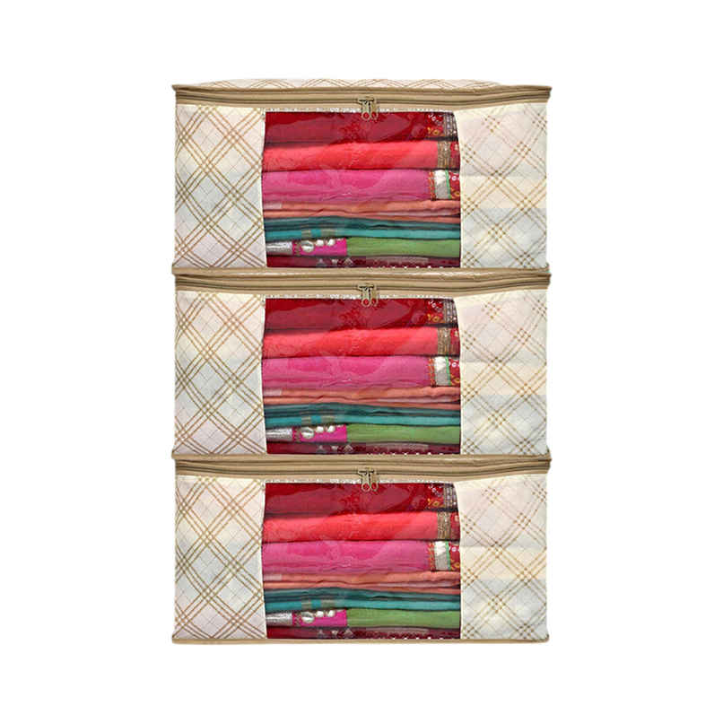 Kuber Industries Pack of 3 Non-Woven Saree Covers with Zip | Organizer for Saree & Lehenga | Cream Kuber Industries Pack of 3 Non-Woven Saree Covers with Zip | Organizer for Saree & Lehenga | Cream