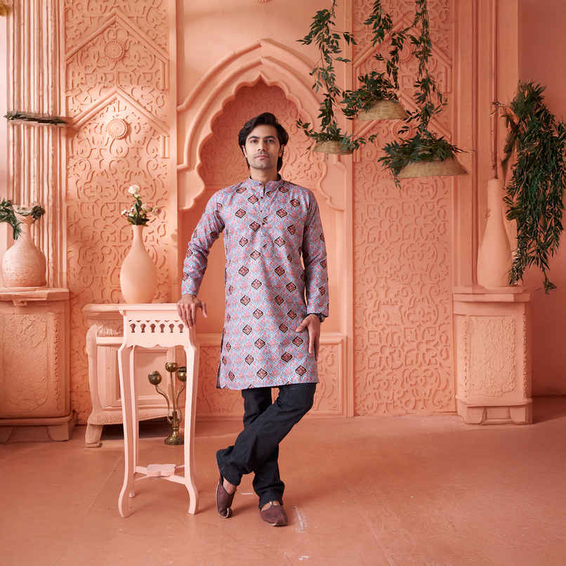 House Of Festivals Men's Printed Cotton Blend Long Kurta | Light Blue - S