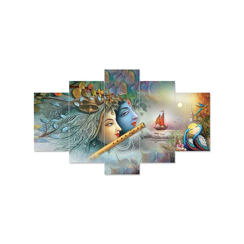 Perpetual Radha Krishna 3D Wall Painting Set of 5 | Framed Decor for Living Room | 75x43 Cm