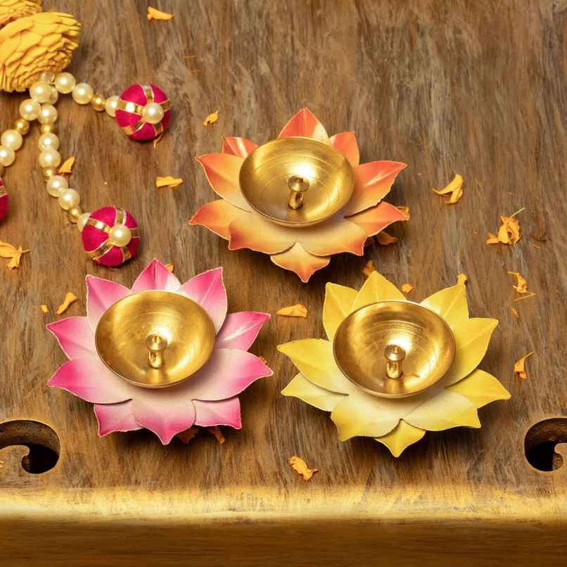 Metallic Flower Diyas | Multicolour | Floral | Pack of 3 | Aksharveda Metallic Flower Diyas | Multicolour | Floral | Pack of 3 | Aksharveda