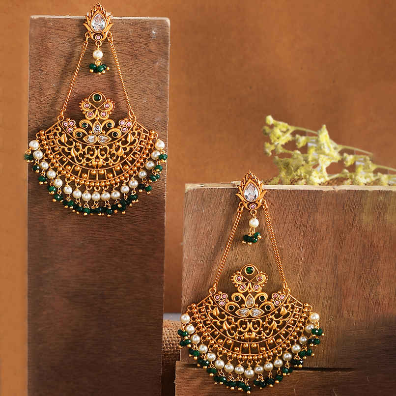 Voylla Abharan Ethnic White Pearls And Green Stones Filigree Earrings
