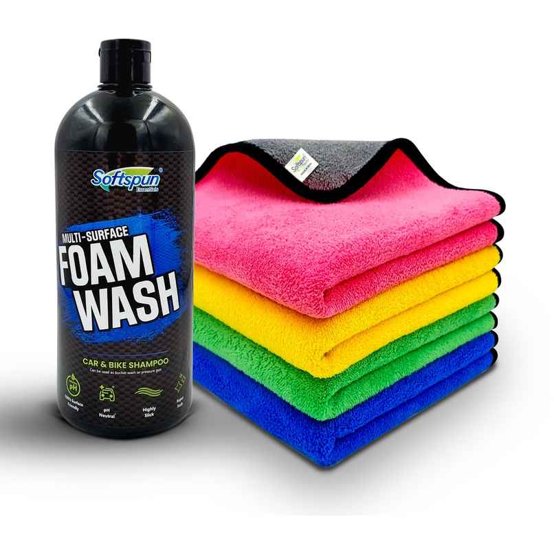 Softspun Essentials Cloth & Shampoo Combo (400 GSM, 40x40cm, 4pc Multicolor/Assorted & Shampoo 1Ltr)