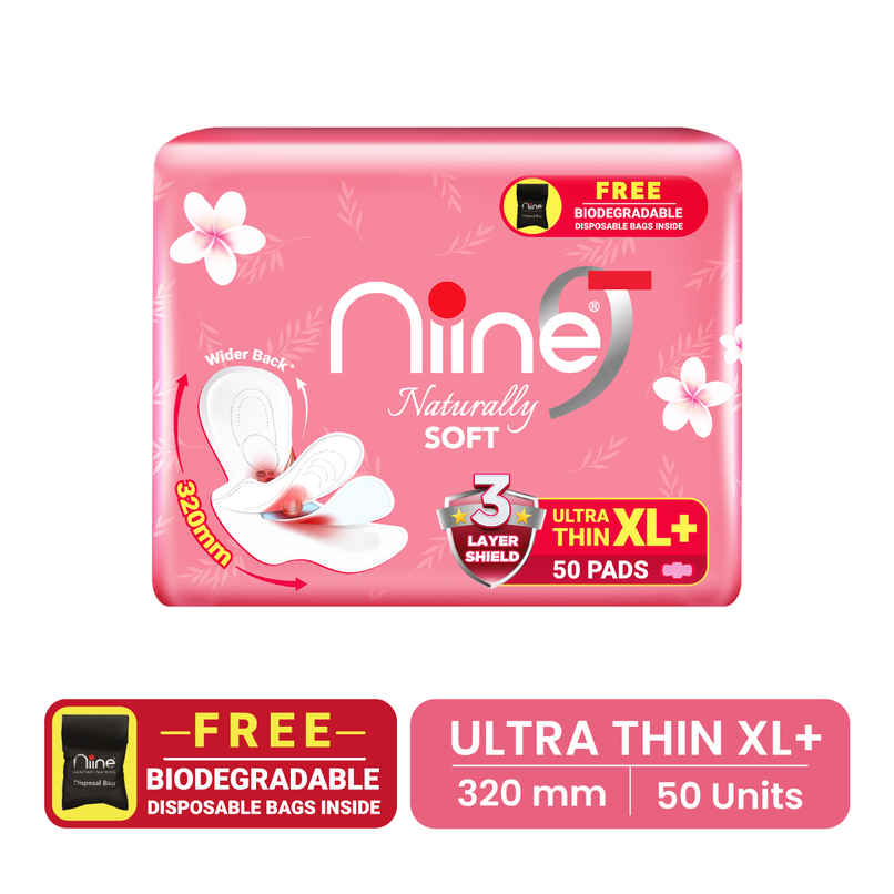 Niine Naturally Soft Ultra Thin XL+ Sanitary Pad | 320 mm and Wider Back | with Biodegradable Bags | 50 Pads Niine Naturally Soft Ultra Thin XL+ Sanitary Pad | 320 mm and Wider Back | with Biodegradable Bags | 50 Pads