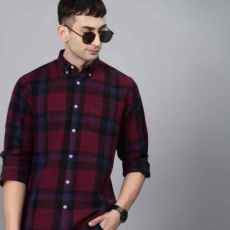 The Bear House Men Slim Fit Flannel Button-Down Casual Shirt - Uber | Maroon | M