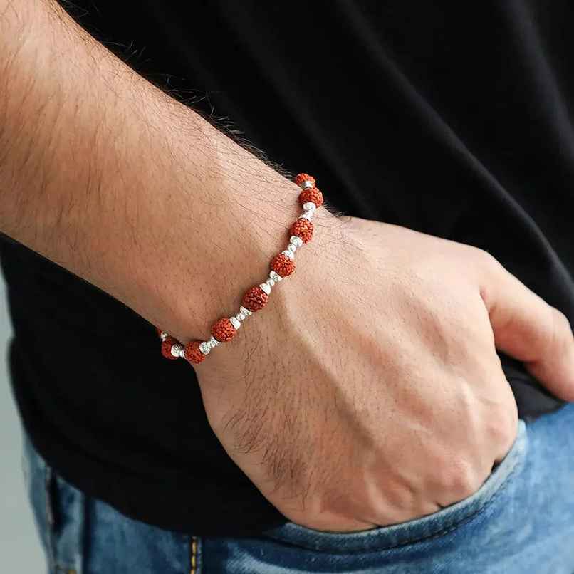 Unniyarcha Men's Silver 92.5 Bracelet With Rudraksha Beads