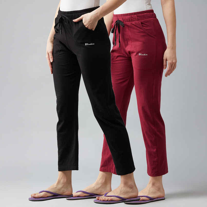 Blinkin Women's Cotton Track Pants With Side Pockets | Black Maroon - Xl