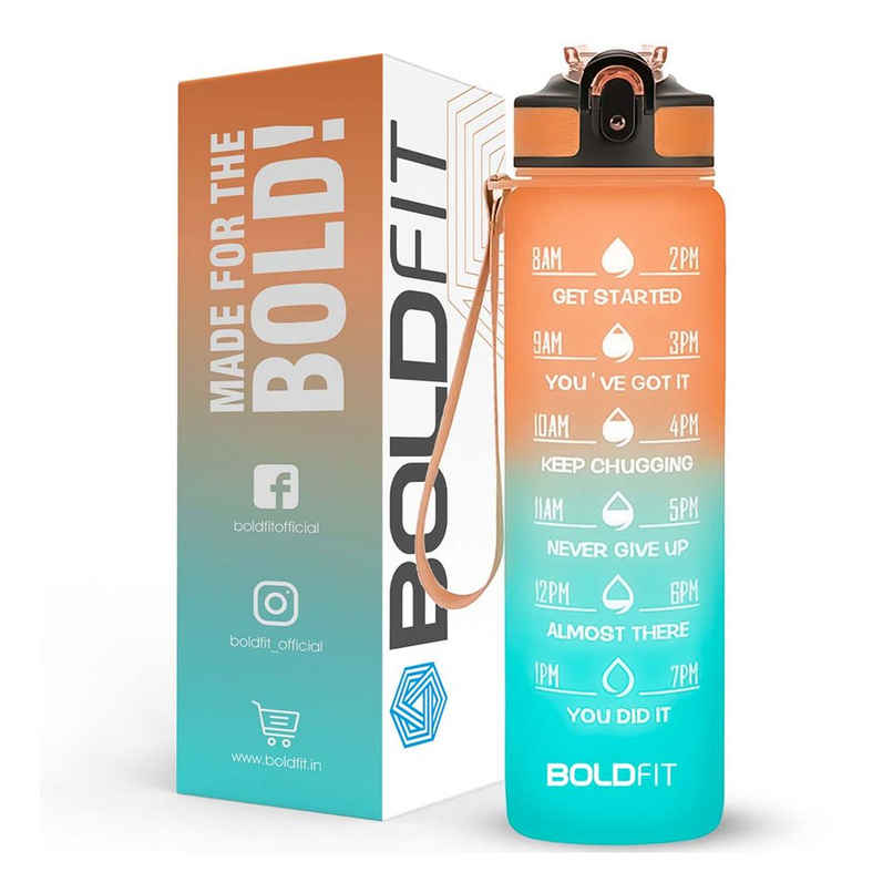 Boldfit Plastic Water Bottle with Motivational Time Markers | Teal and Orange | 1 L Boldfit Plastic Water Bottle with Motivational Time Markers | Teal and Orange | 1 L