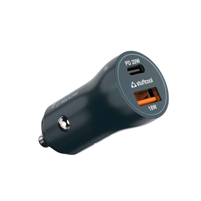 Stuffcool Ultimus 38W Dual Port Type C 20W + 18W QC3.0 USB A car Charger Supports Fast Charging Charges iPhone 50% in 30 mins, Compact Shape, Aluminium Body - Blue