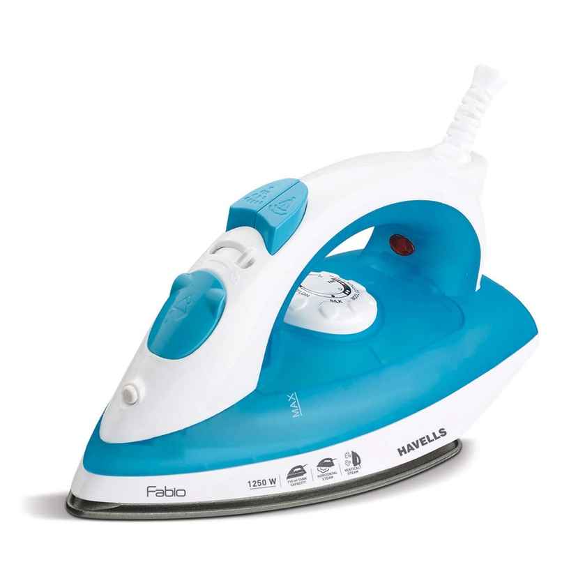 Havells Fabio 1250W Steam Iron, Teflon Coated Soleplate, Quick Heat-Up, 110ml Water Tank - Blue Havells Fabio 1250W Steam Iron, Teflon Coated Soleplate, Quick Heat-Up, 110ml Water Tank - Blue