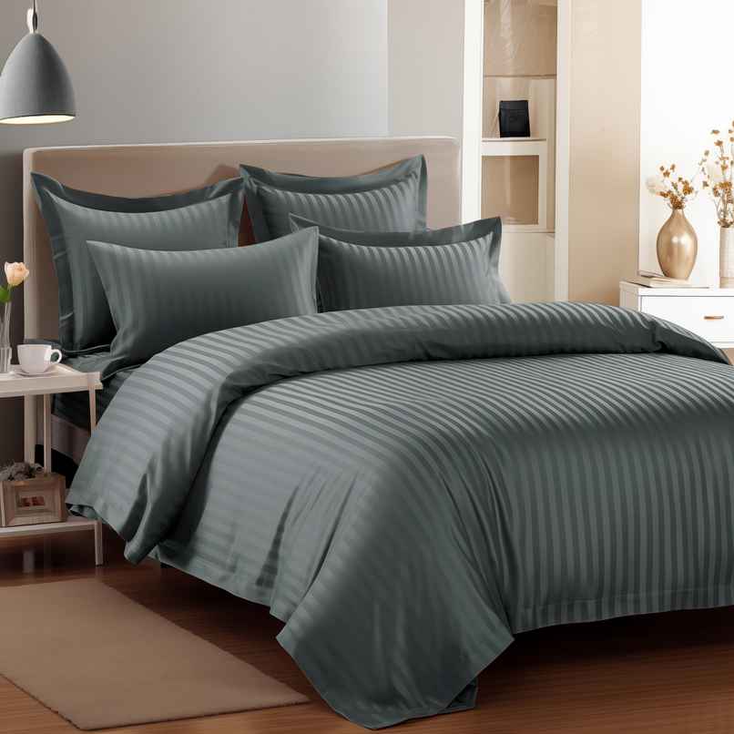 Story@Home 300 TC Dark Grey Stripes Microfiber Double Size bedsheet with 2 Pillow Covers