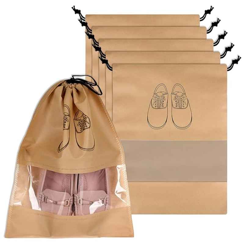 Kuber Industries Non-Woven Pack of 6 Shoe Bags for Travel with Transparent Window | Beige Kuber Industries Non-Woven Pack of 6 Shoe Bags for Travel with Transparent Window | Beige