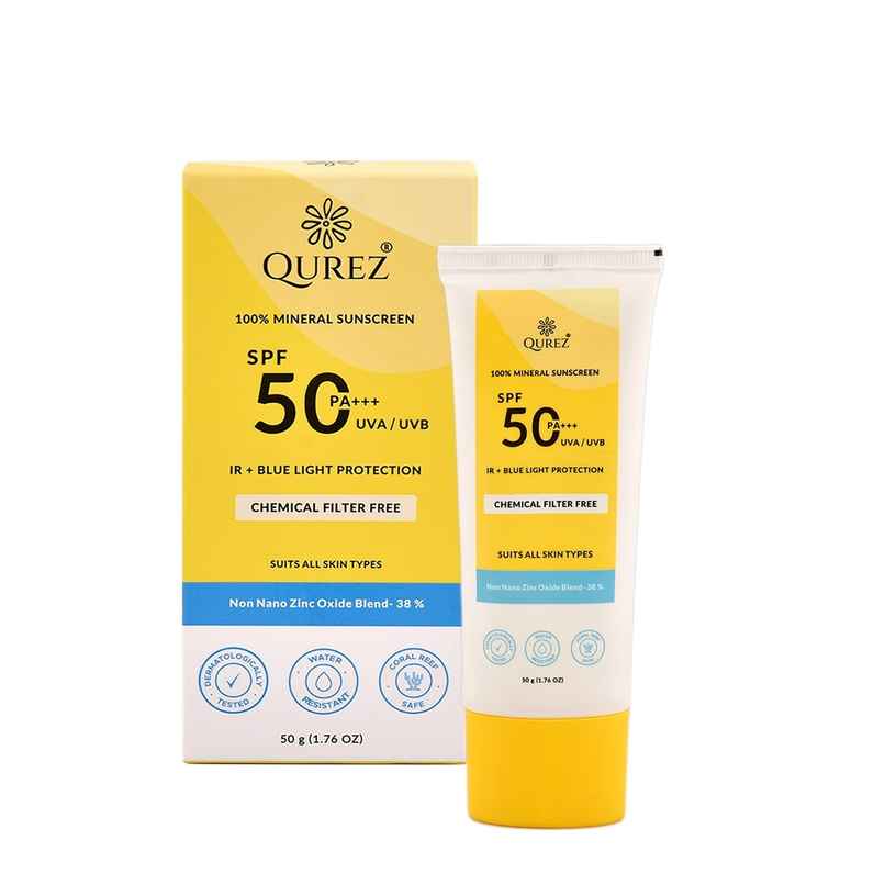 Qurez 100% Mineral Sunscreen SPF 50 PA+++ |Ir & Blue Light Protection Water Resistant