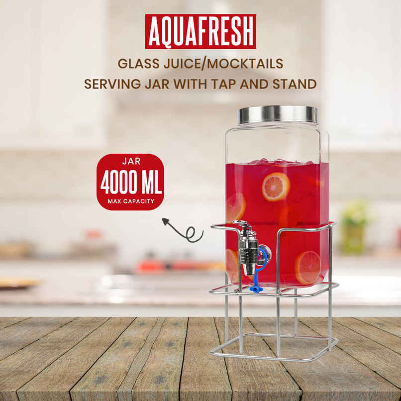Yera Aquafresh - Glass Juice/Mocktails Serving Jar With Tap And Stand - 4000 ml ( 1 pcs)