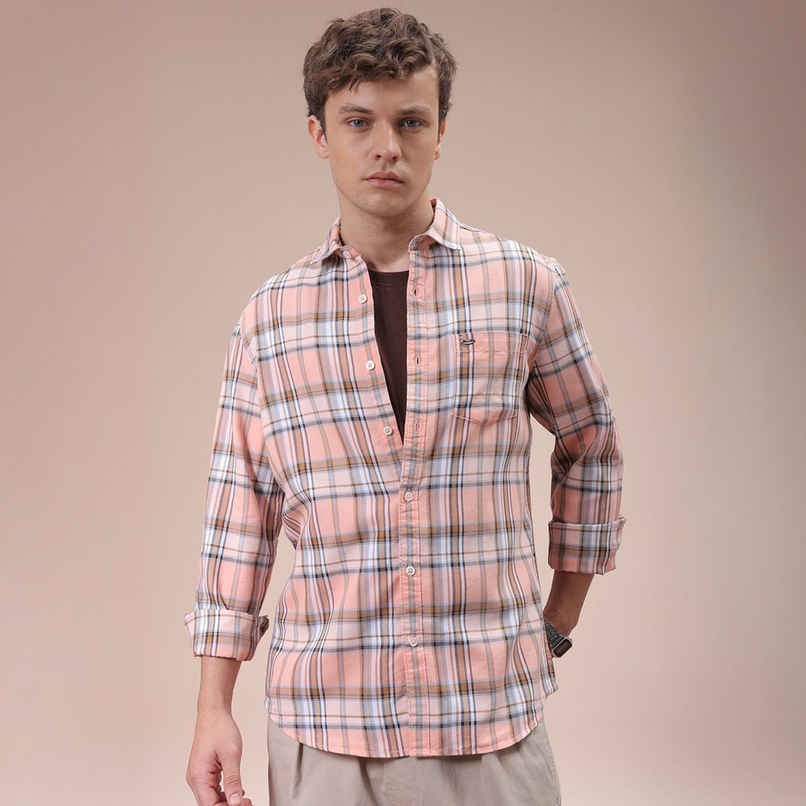 The Indian Garage Co Men's Slim Fit Checkered Casual Shirt | Pink - M