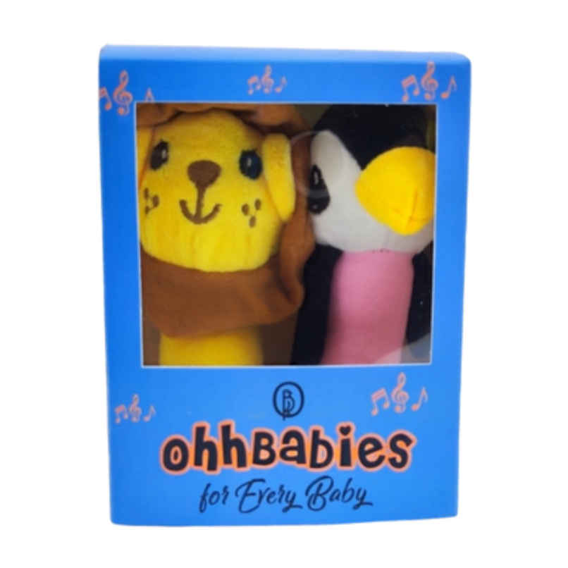 Ohhbabies Yellow Lion With Pink Penguin Baby Rattle Toy
