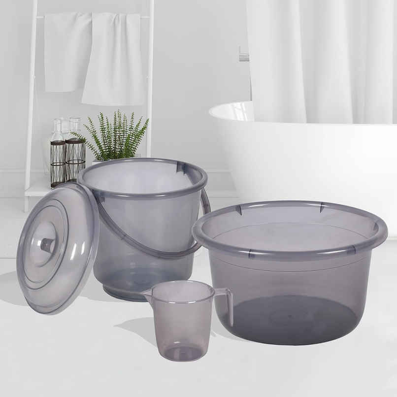 Kuber Industries Tub with Bucket & Mug Bathroom Combo Set|Set of 3|Transparent Gray Kuber Industries Tub with Bucket & Mug Bathroom Combo Set|Set of 3|Transparent Gray