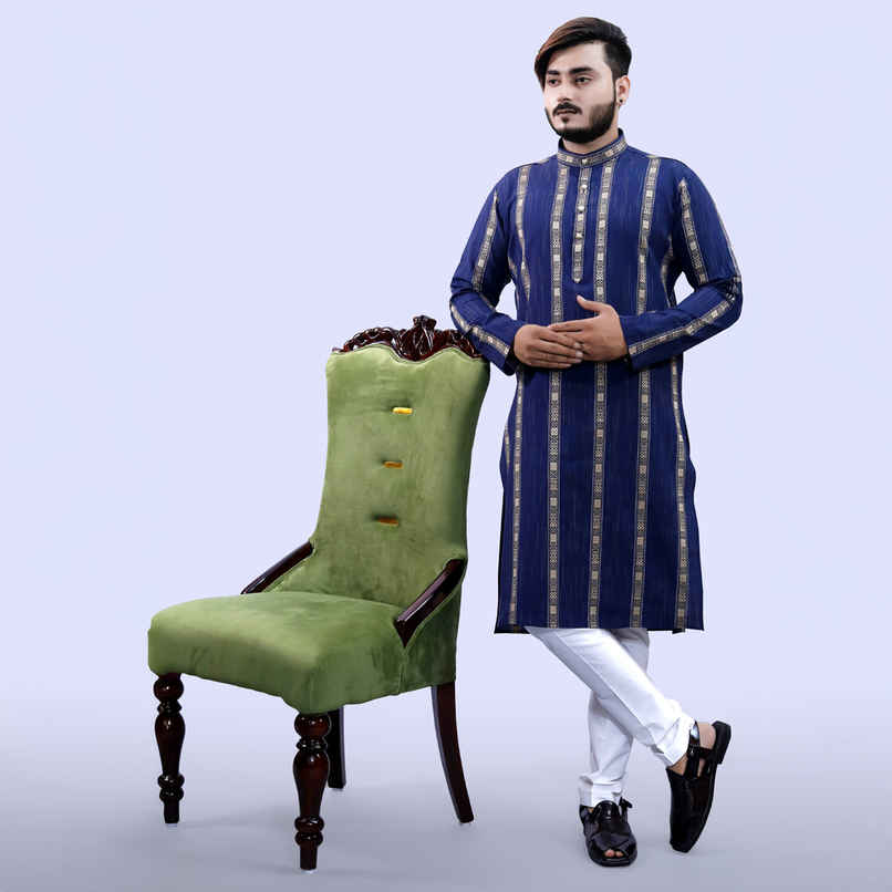 Tibra Collection Men Straight Kurta - Navy | Striped | Cotton Blend | L