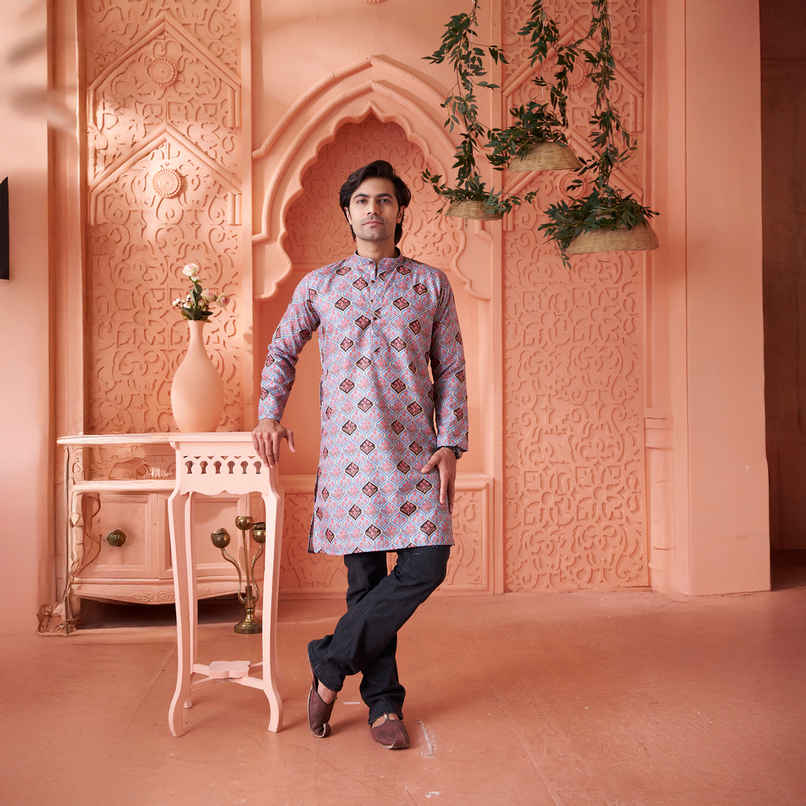 House Of Festivals Men's Printed Cotton Blend Long Kurta | Light Blue - M