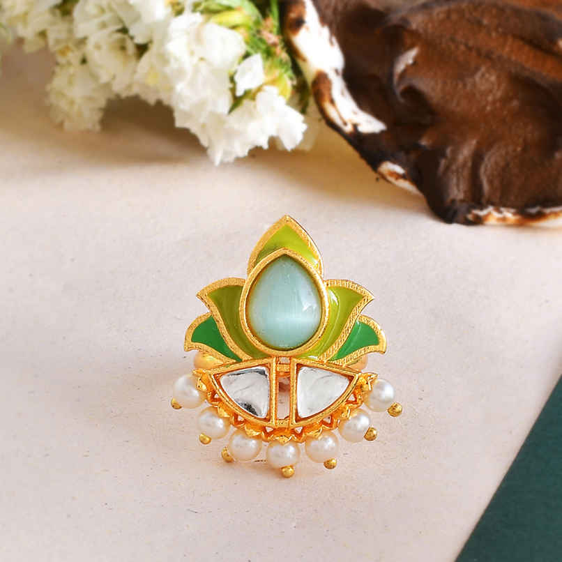 Voylla Forever More Floral Green Stone Enamelled Cocktail Ring