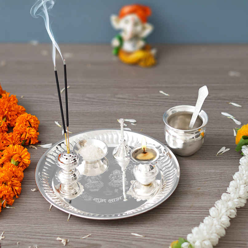 Silver Pooja Thali Set with Diya, Ghanti, Kalash, Spoon, Agarbatti Stand, Bowl | Ecraftindia Silver Pooja Thali Set with Diya, Ghanti, Kalash, Spoon, Agarbatti Stand, Bowl | Ecraftindia