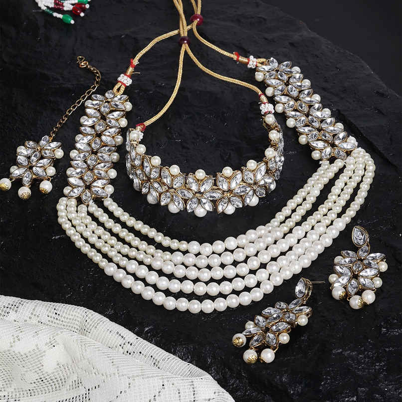 Zeneme Bridal Long Necklace Set Neck Choker with Earrings and Maang Tikka For Women & Girls