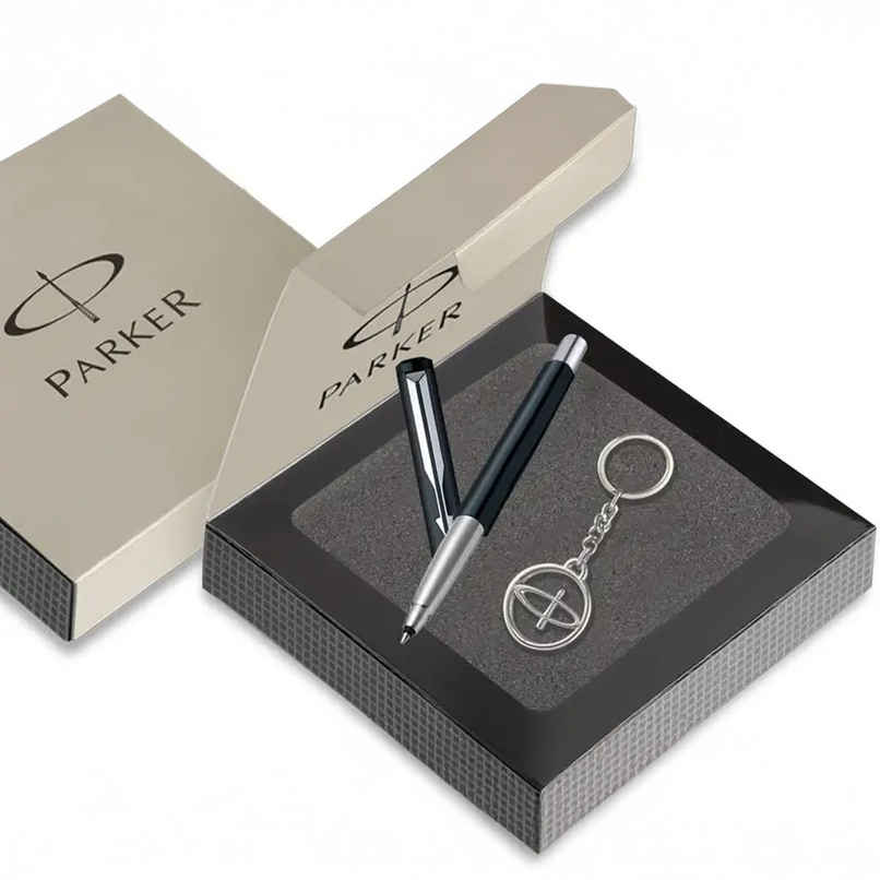 Parker Vector Standard Chrome Trim Roller Ball Pen with Silver Key Chain Gift Set | Ink Color- Black