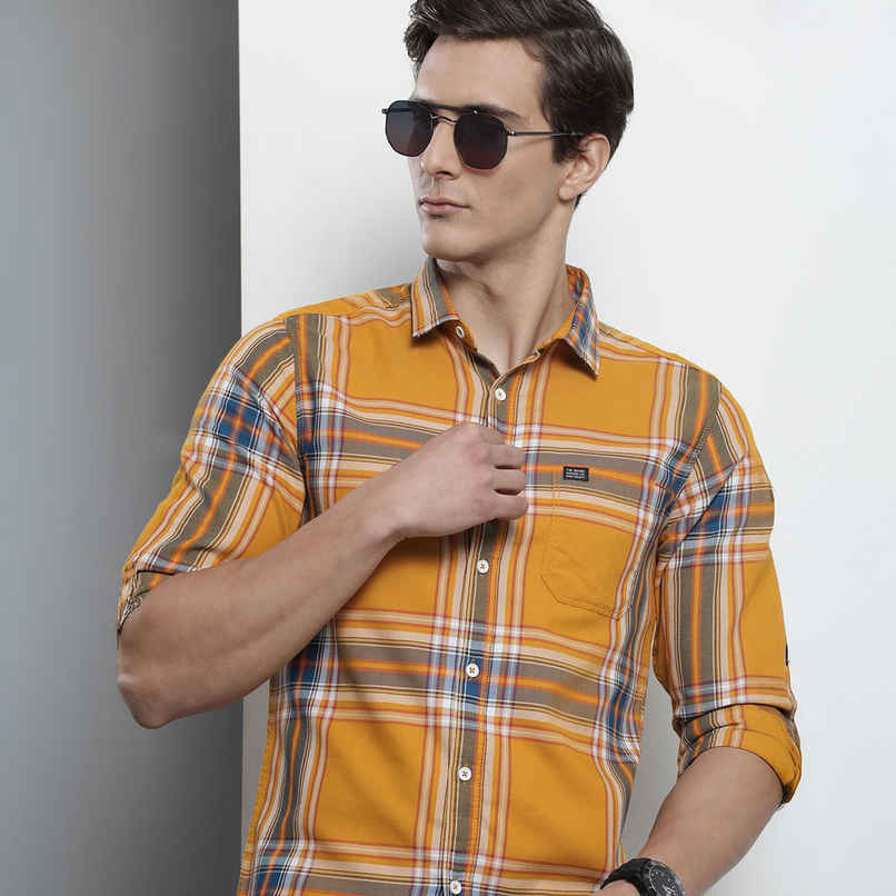 The Indian Garage Co Men's Regular Fit Checked Casual Shirt | Yellow - XL