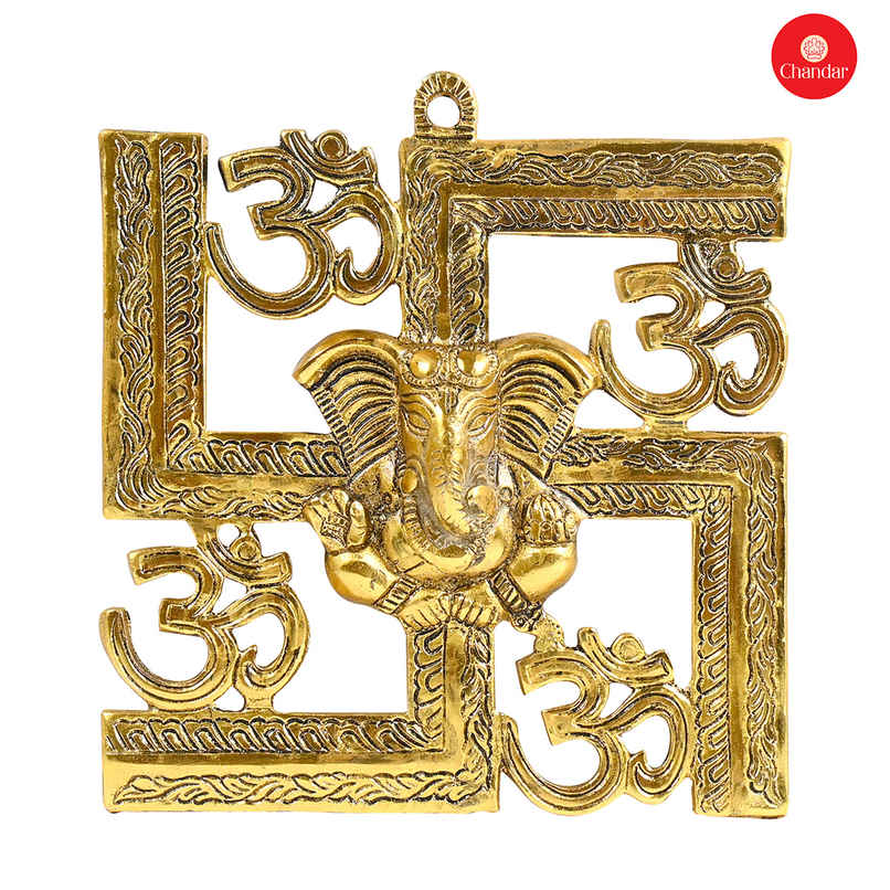 Chandar Swastik With Ganesh Ji Entrance Wall Hanging Golden Metal 21X20 Cm