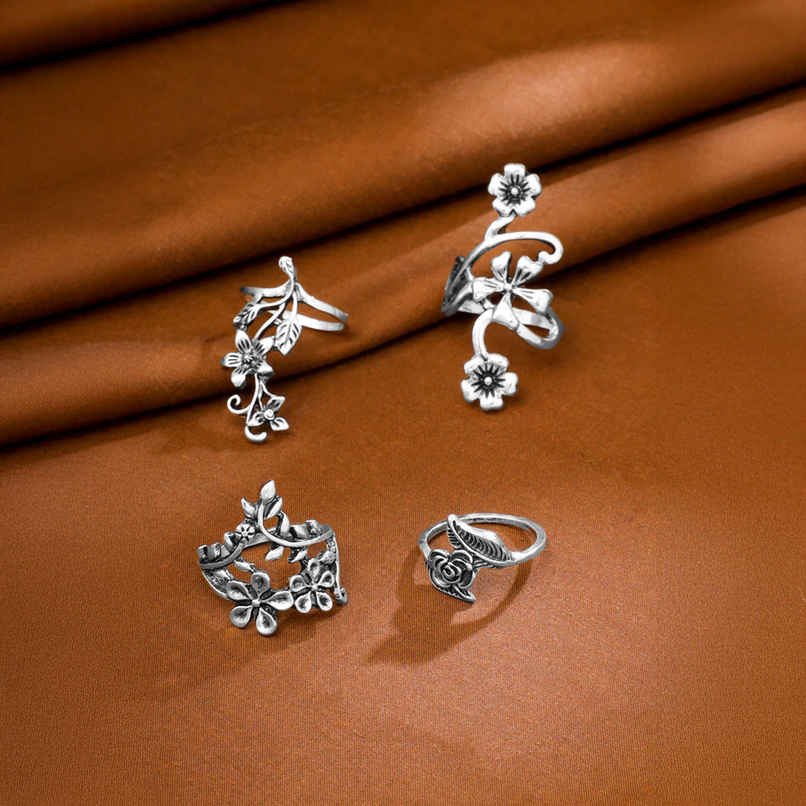Yellow Chimes 4 Pcs Oxidised Ring Set for Women, Boho Vintage Floral Rings