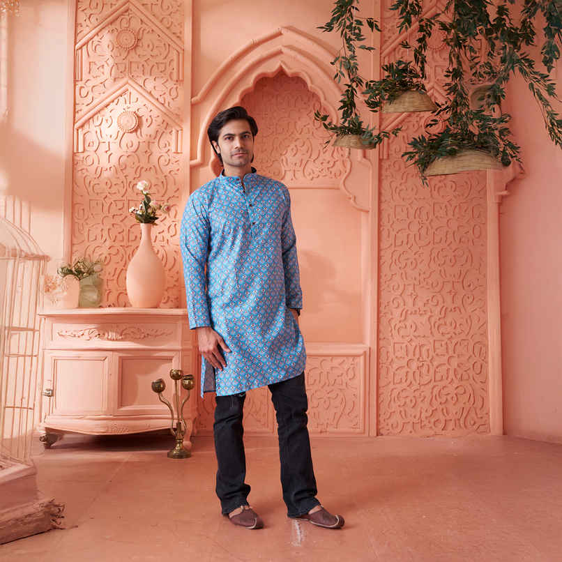 House Of Festivals Men's Printed Cotton Blend Long Kurta | Blue -M