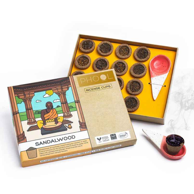 Sandalwood Sambrani Havan Cups Natural Certified Dhoop Cups 16 Cups + Holder | Phool