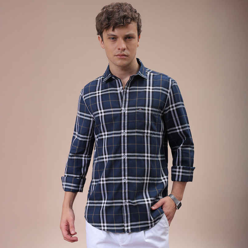 The Indian Garage Co Men's Slim Fit Checkered Casual Shirt | Navy Blue - S