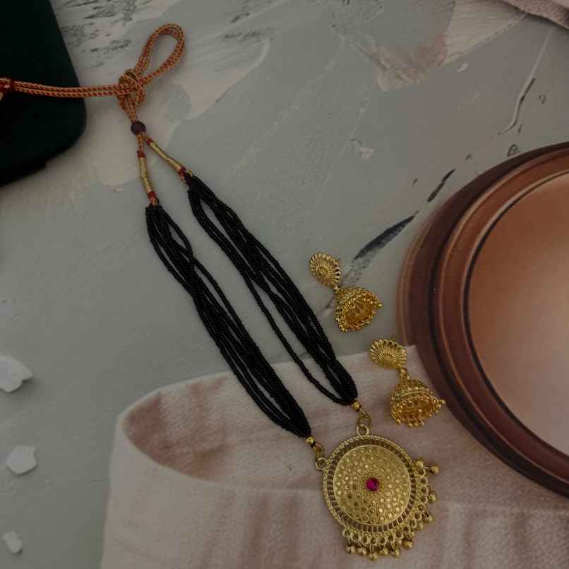 The Opal Factory Mangalsutra Black Beads with Jhumki Earrings and Round Kundan Pendant | Gold The Opal Factory Mangalsutra Black Beads with Jhumki Earrings and Round Kundan Pendant | Gold
