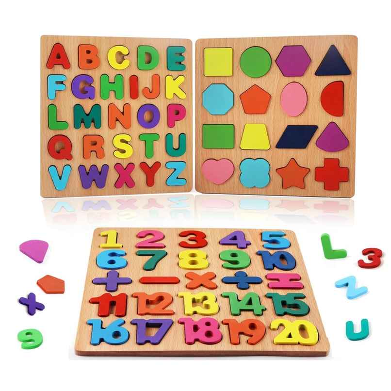 Fablue Wooden Puzzle Toddlers Toy For Kids - Alphabets, Numbers And Shapes Puzzle Set