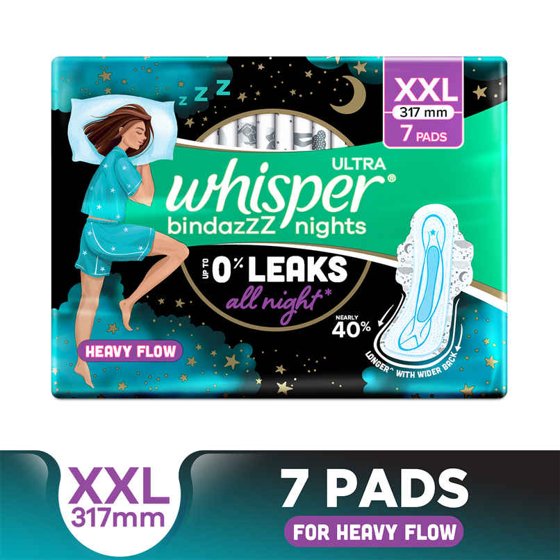 Whisper Bindazzz Nights XXL Sanitary Pads, Upto 0% Leaks All Night Long