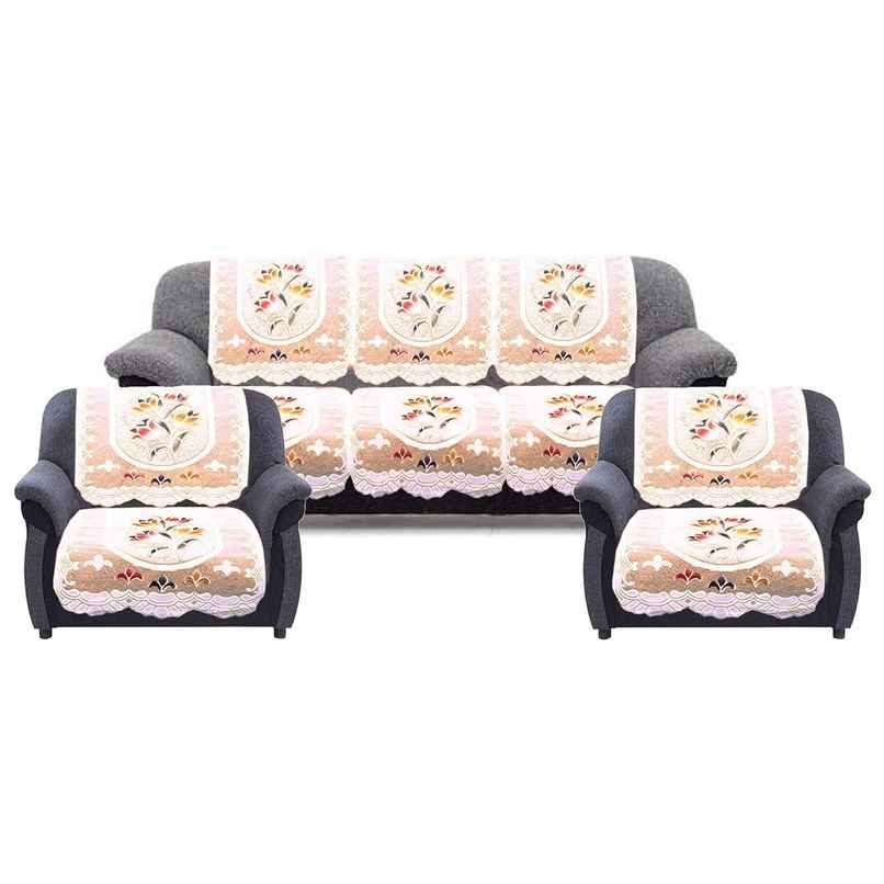 Kuber Industries Premium Cotton Flower Design Round Shape 5 Seater Sofa Cover|10 Piece (Cream)