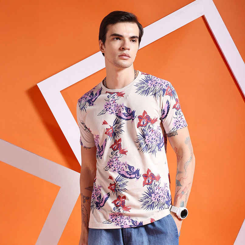 The Indian Garage Co Men Casual Regular Fit Beige Tropical T-shirt - M | 1121-Btee-156-2