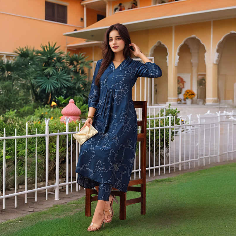 GoSriKi Women's Viscose Rayon Anarkali Printed Kurta with Pant | MARUP | Blue - XL