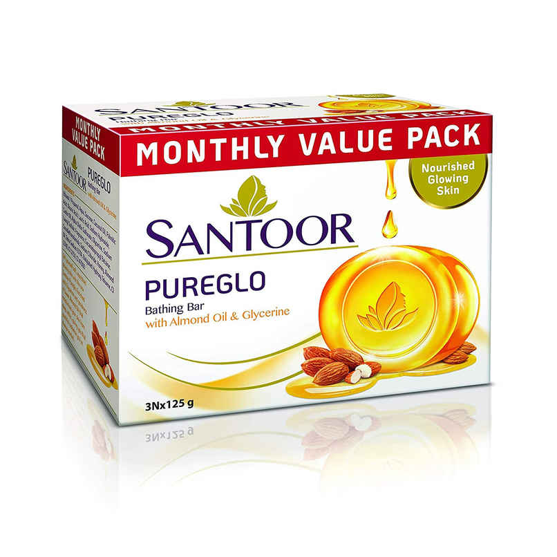 Santoor PureGlo Glycerine Bathing Bar Soap With Almond Oil for Nourished and Glowing Skin Santoor PureGlo Glycerine Bathing Bar Soap With Almond Oil for Nourished and Glowing Skin