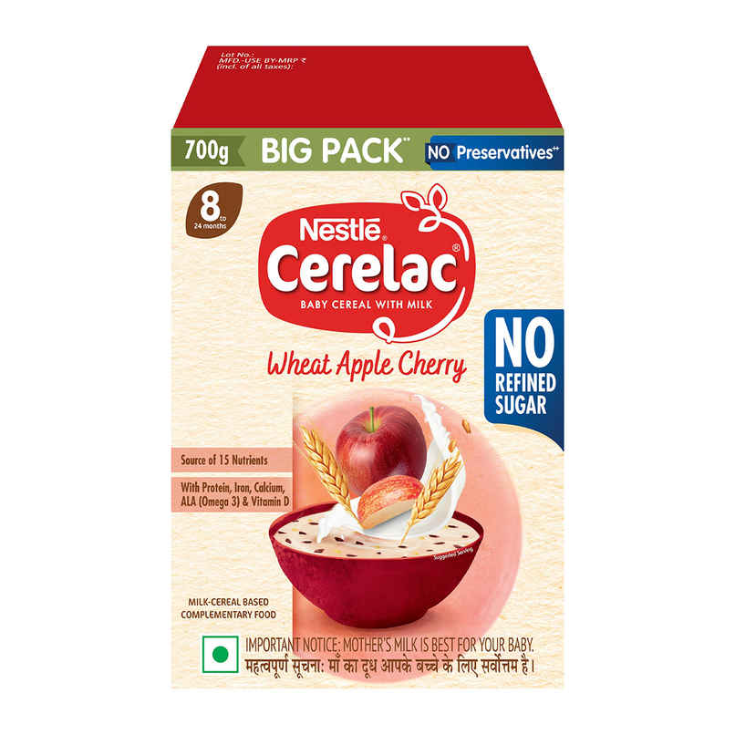 Nestle Cerelac Wheat Apple Cherry Baby Food Cereal,No Refined Sugar, No Preservatives,8 - 24 Months