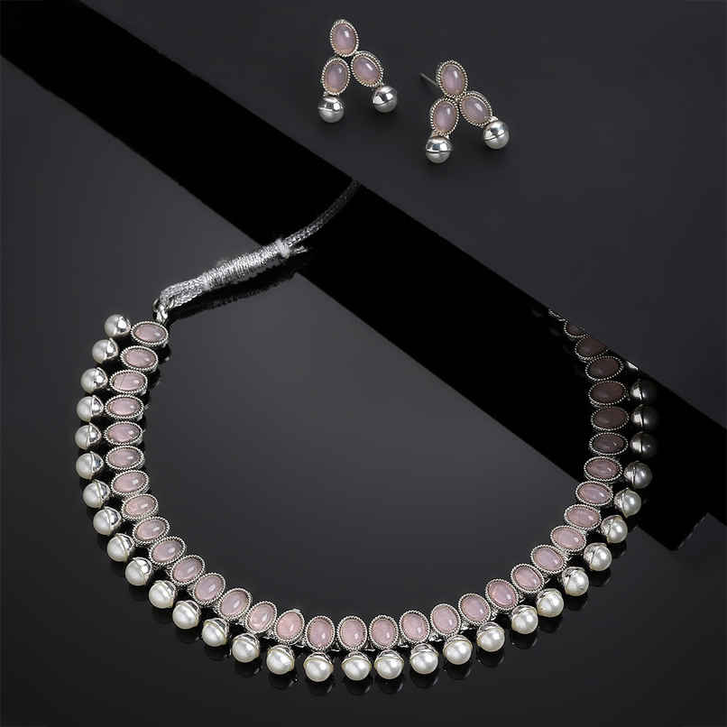 Zeneme Oxidised Silver Traditional Pink CZ Necklace With Earrings Jewellery For Women & Girls