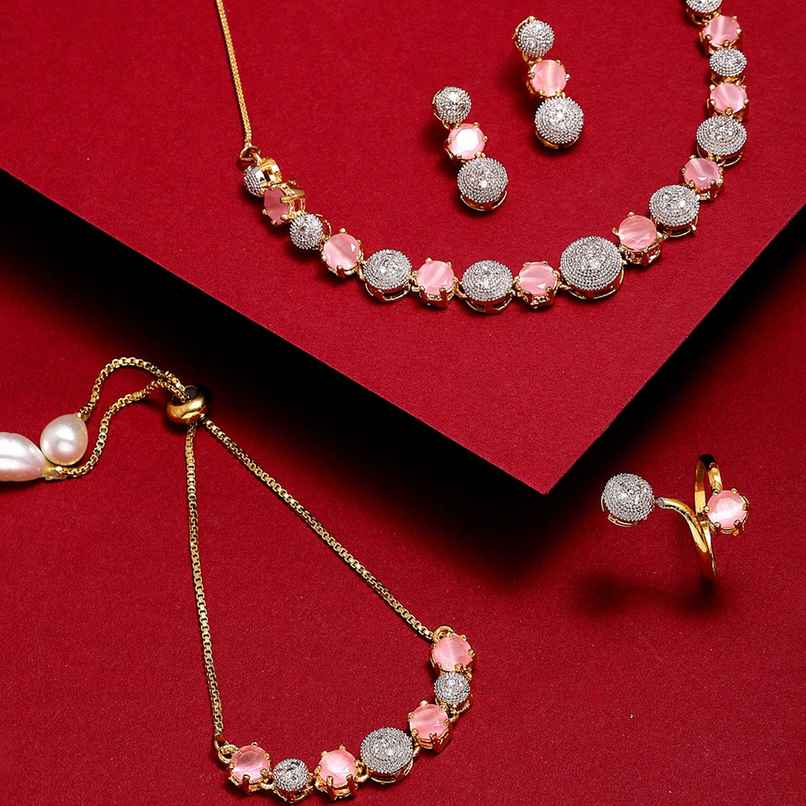 Zeneme Gold-Plated Pink & White American Diamond Studded Jewellery Set For Women & Girls