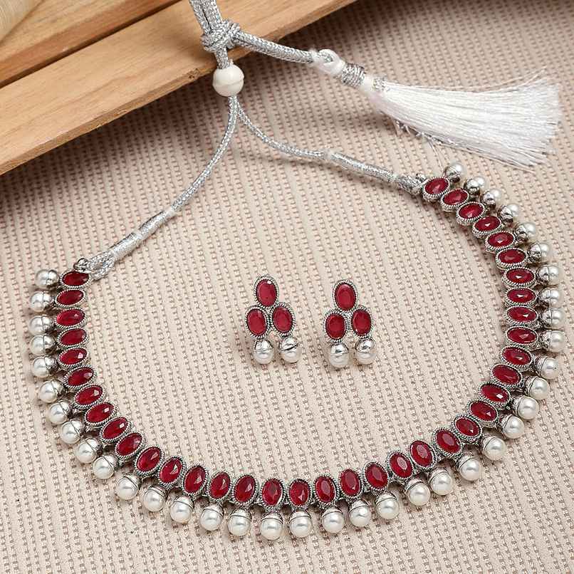 Zeneme Oxidised Silver Traditional Red CZ Necklace With Earrings Jewellery For Women & Girls