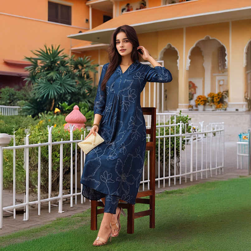 GoSriKi Women's Viscose Rayon Anarkali Printed Kurta with Pant | MARUP | Blue - XL