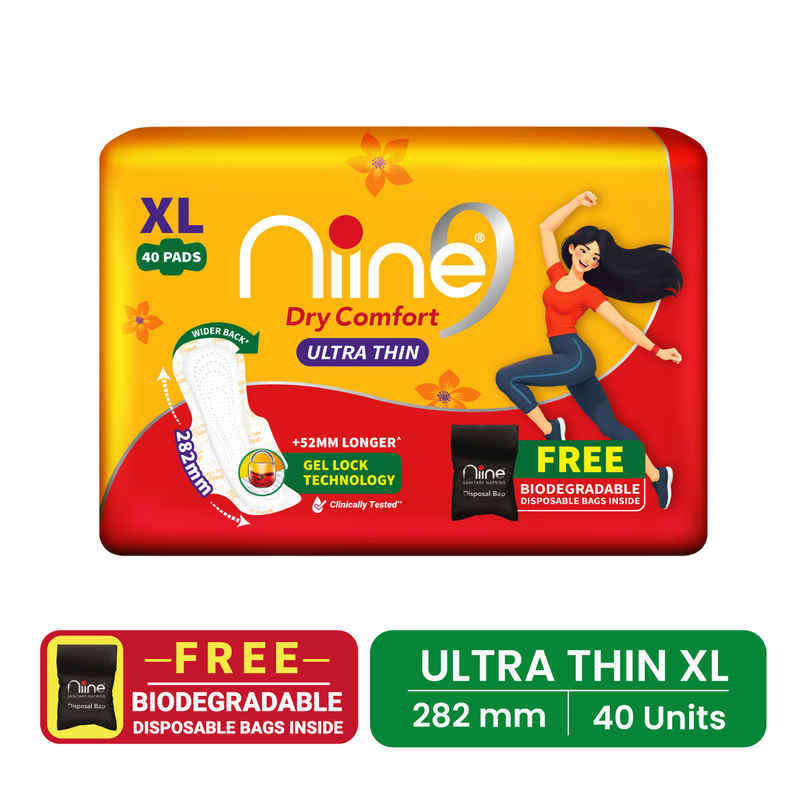 Niine Dry Comfort Ultra Thin XL Sanitary Pads | with Biodegradable Bags | 282 mm | 40 Pads Niine Dry Comfort Ultra Thin XL Sanitary Pads | with Biodegradable Bags | 282 mm | 40 Pads