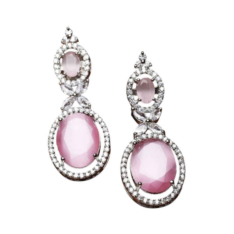 Zeneme Silver-Plated Pink American Diamond studded Oval Shaped Drop Earrings For Women & Girls