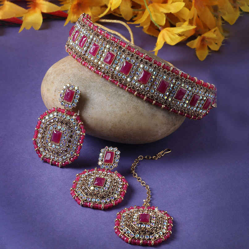 Sukkhi Inspiring Gold Plated Rani Pink Kundan & Beads Studded Collar Necklace Set