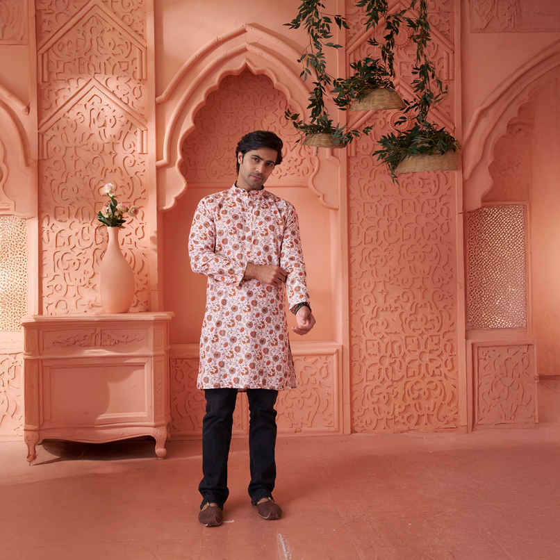 House Of Festivals Men's Printed Cotton Blend Long Kurta | Cream - XL