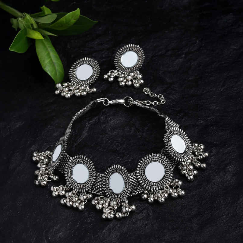 Shining Diva Fashion Stylish Oxidised Silver Tribal Choker Necklace Jewellery Set for Women 12162s