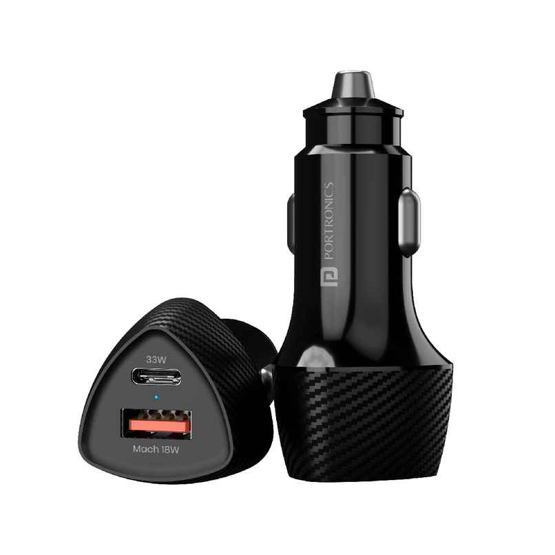 Portronics 51W Car Power 16 Fast Car Charger with Dual Output, 51 Watts Total (18W USB + 33W Type C PD), Fast Charging, Adapter for iPhone & Android Smartphones and Tablets - Black